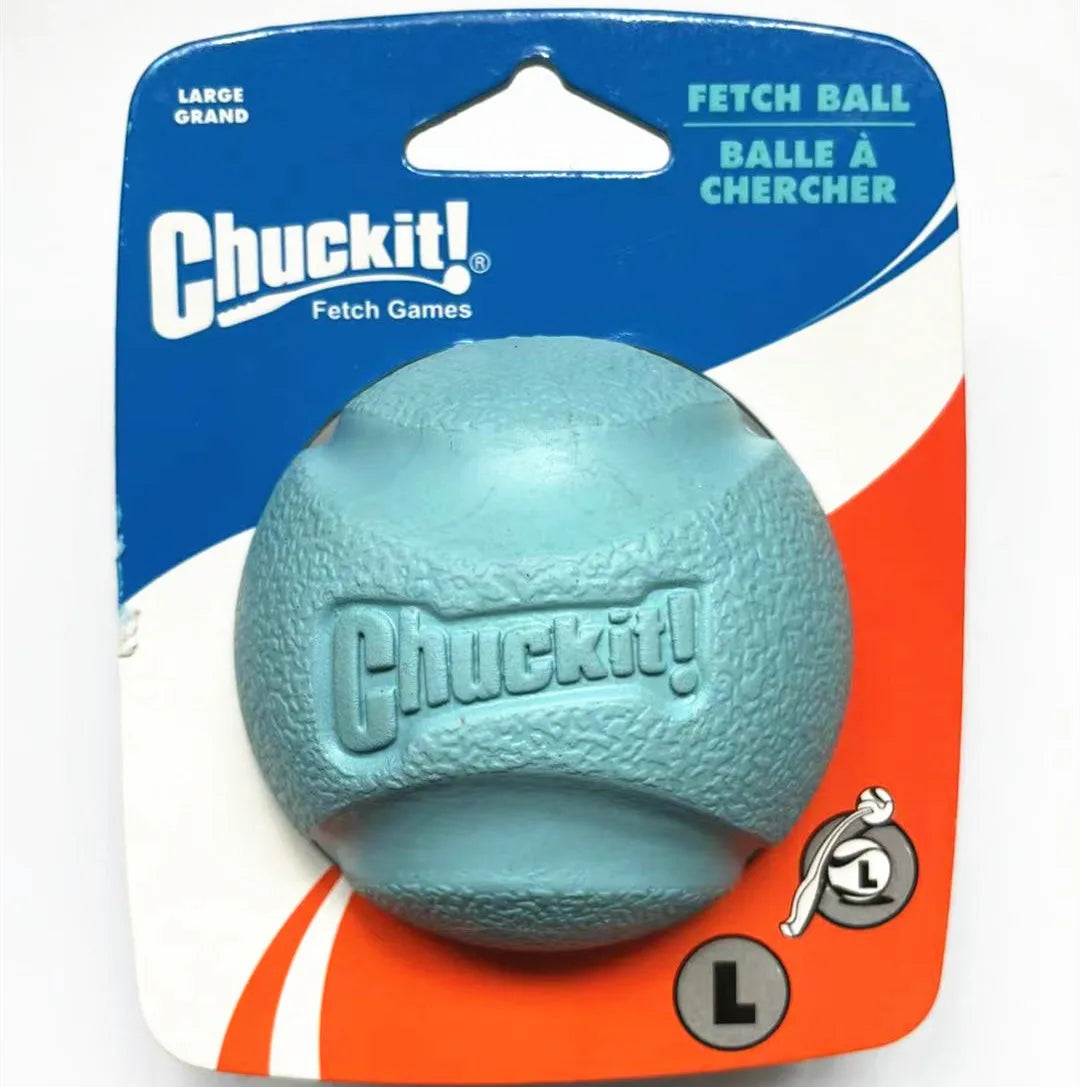 A blue Chuckit fetch ball is shown in its packaging.
