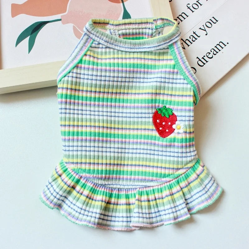 Summer Suspender Dog Dress - Striped Strawberry Print
