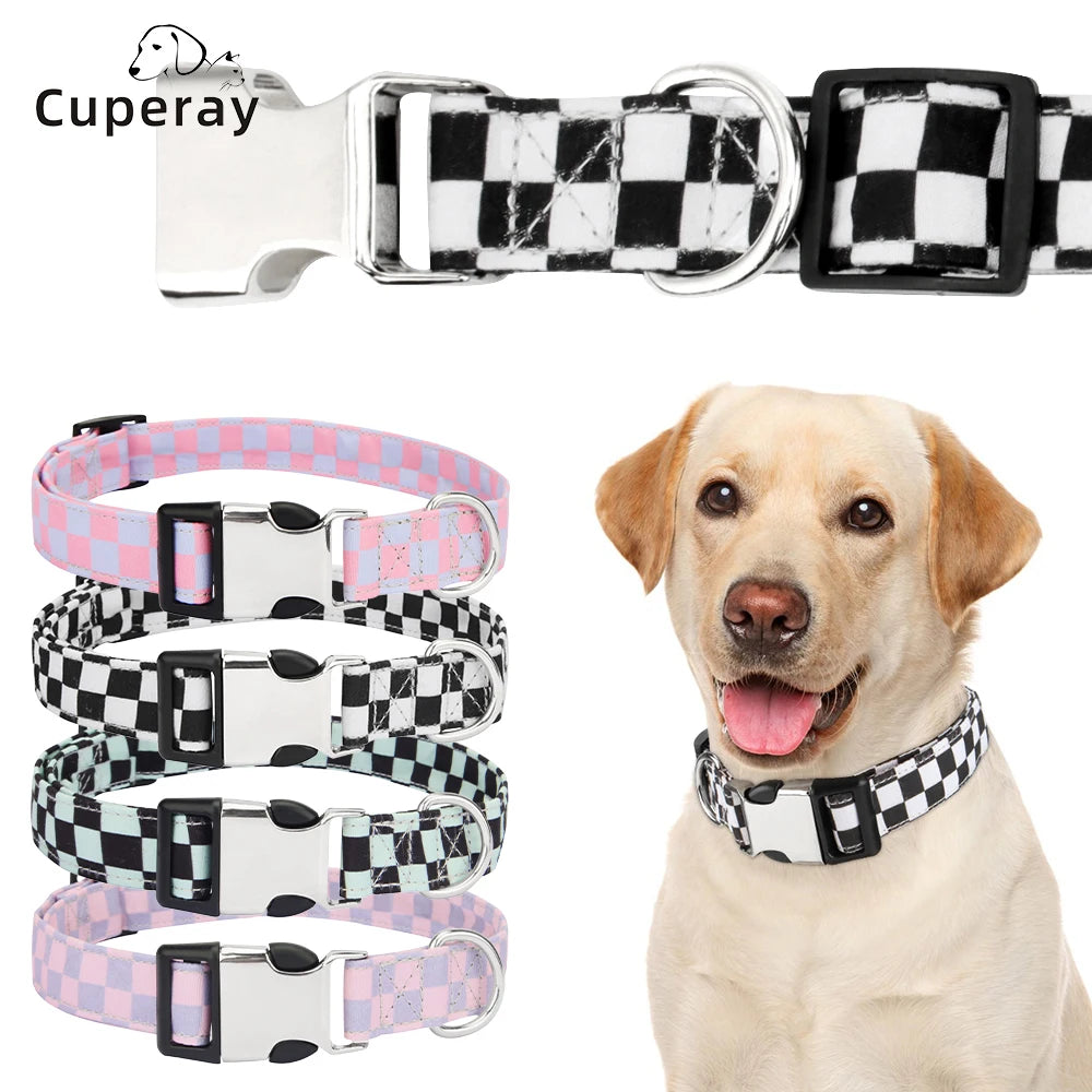 Adjustable Checker Pattern Dog Collar - Soft Nylon, Quick Release
