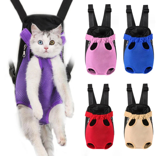 A fluffy white cat wearing a purple breathable pet carrier backpack for small pets.