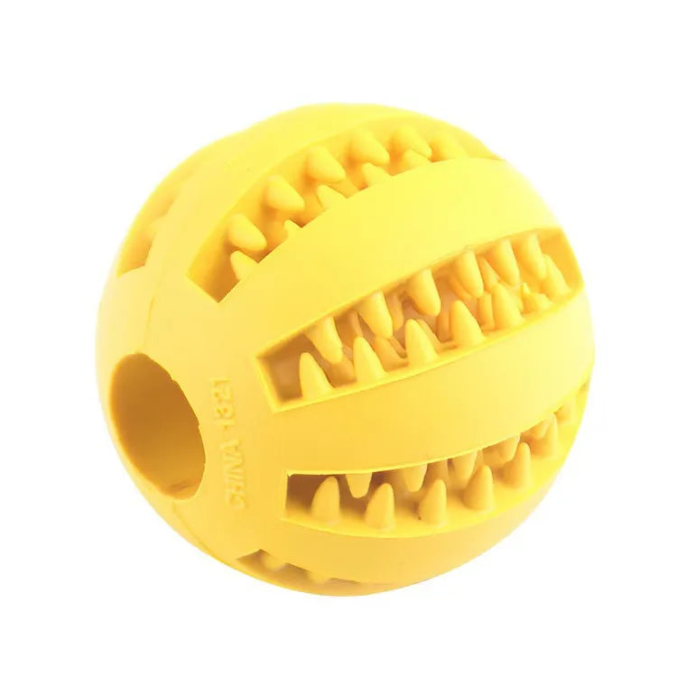 Helles gelbes Gummiball-Spielzeug mit geriffelter Textur für Hunde.