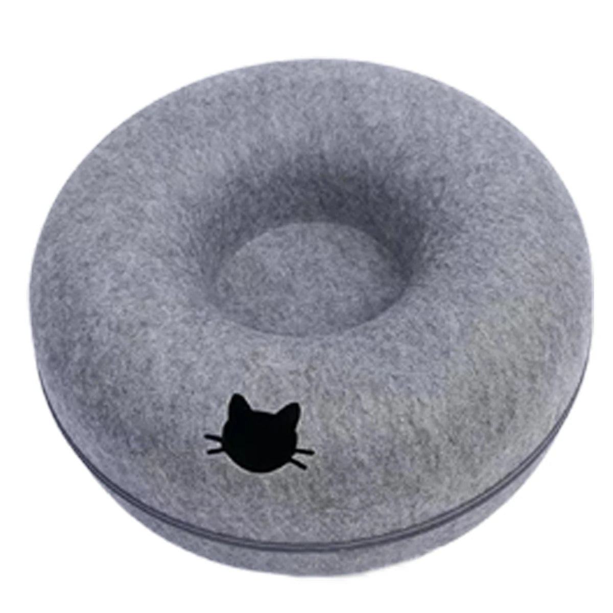 A round, gray cat bed with a black silhouette of a cat on the top surface.