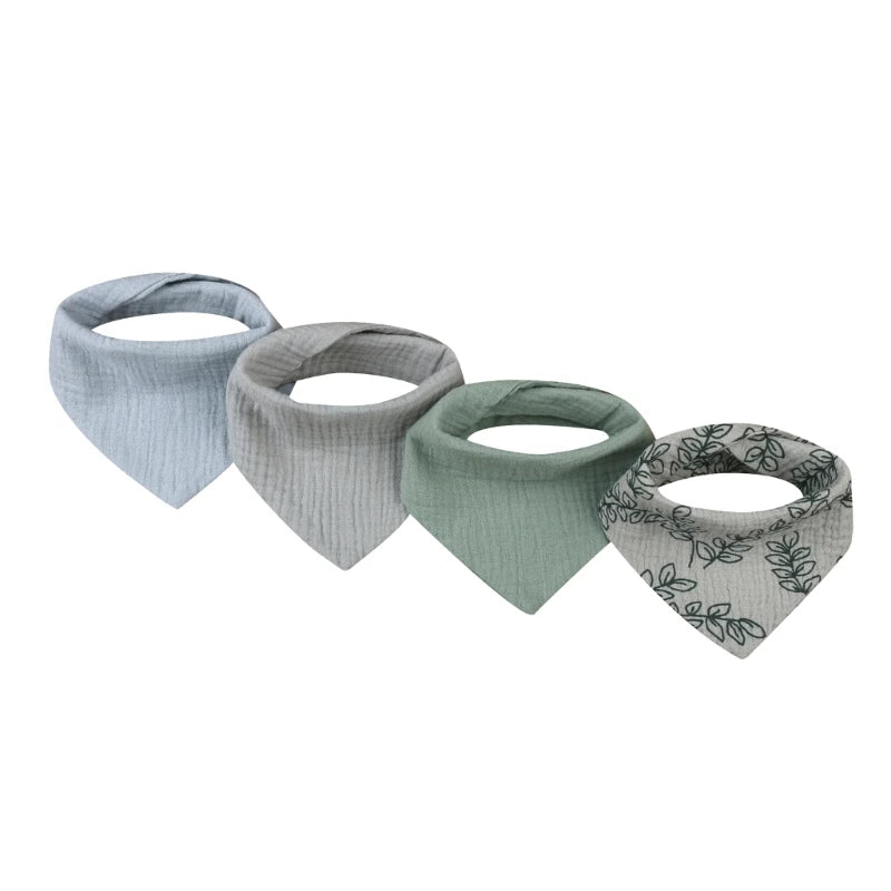 A set of four cotton baby bibs with different printed designs in light blue, beige, sage green, and gray.