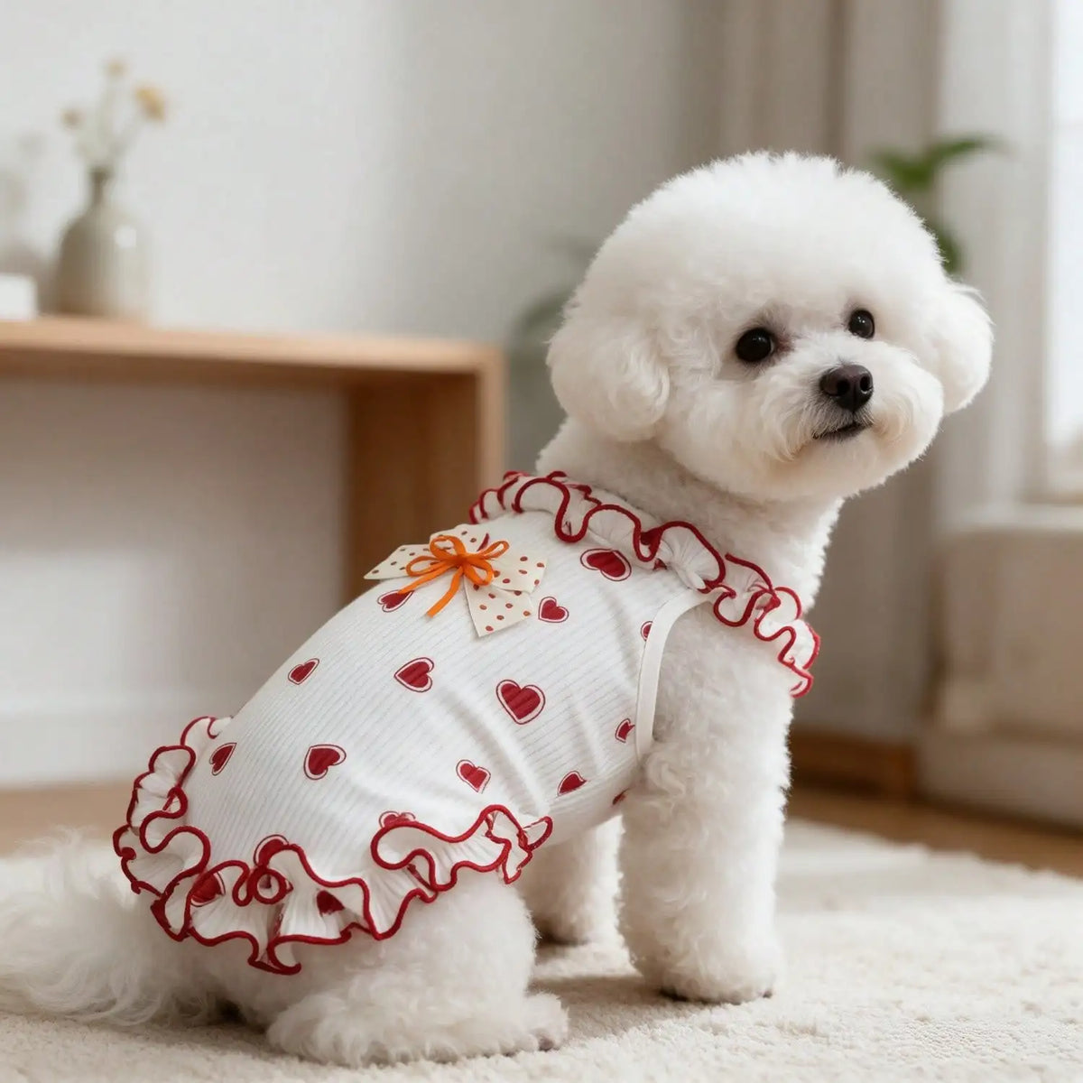 A fluffy white dog wearing a red heart bow ruffle sleeveless tank top.