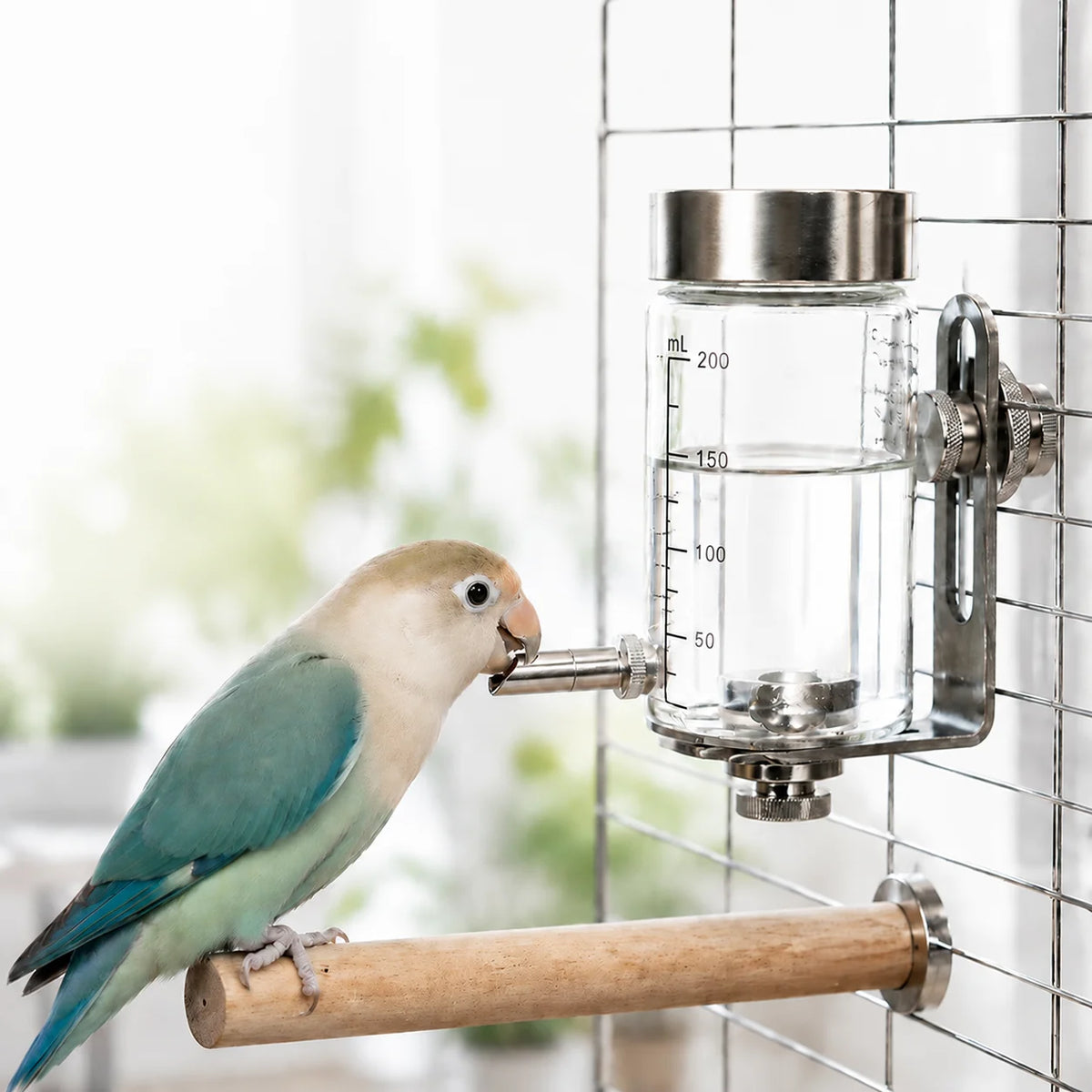 A magnetic glass and stainless steel bird water dispenser is mounted on a wire grid, with a small bird perched nearby.