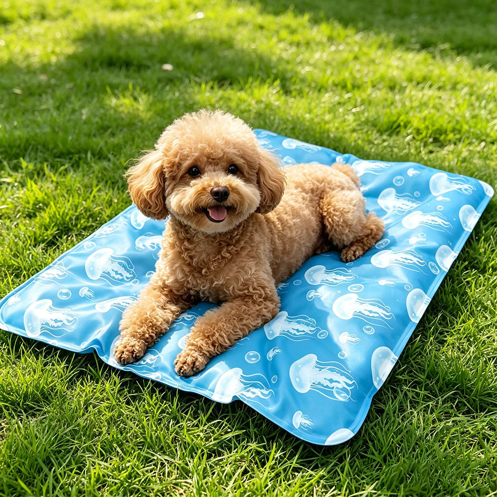 Ein flauschiger, goldfarbener Hund liegt auf einer blauen Kühlmatte in grünem Gras.