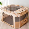 A light beige folding cat tent bed with a mesh enclosure and plush mat is shown on a wooden floor.