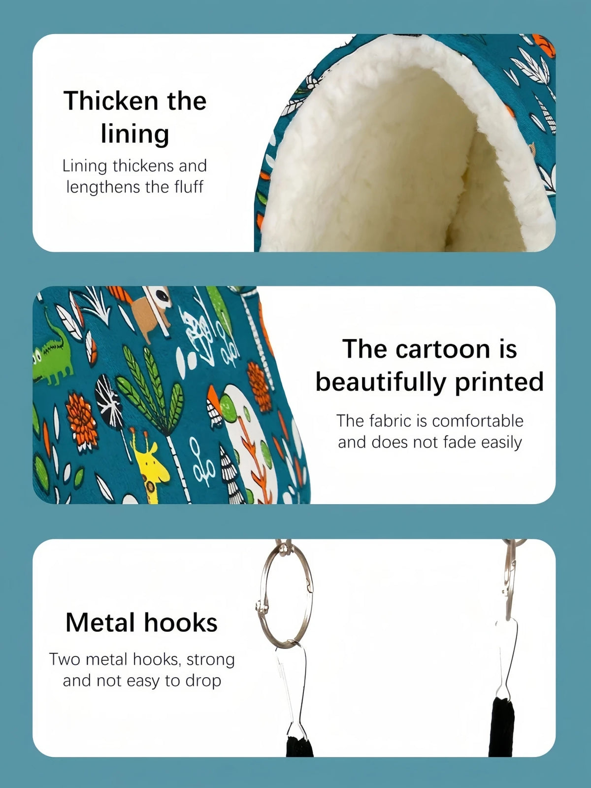 Close-up view of a cozy bird nest hammock showing thickened lining, beautifully printed fabric, and metal hooks.