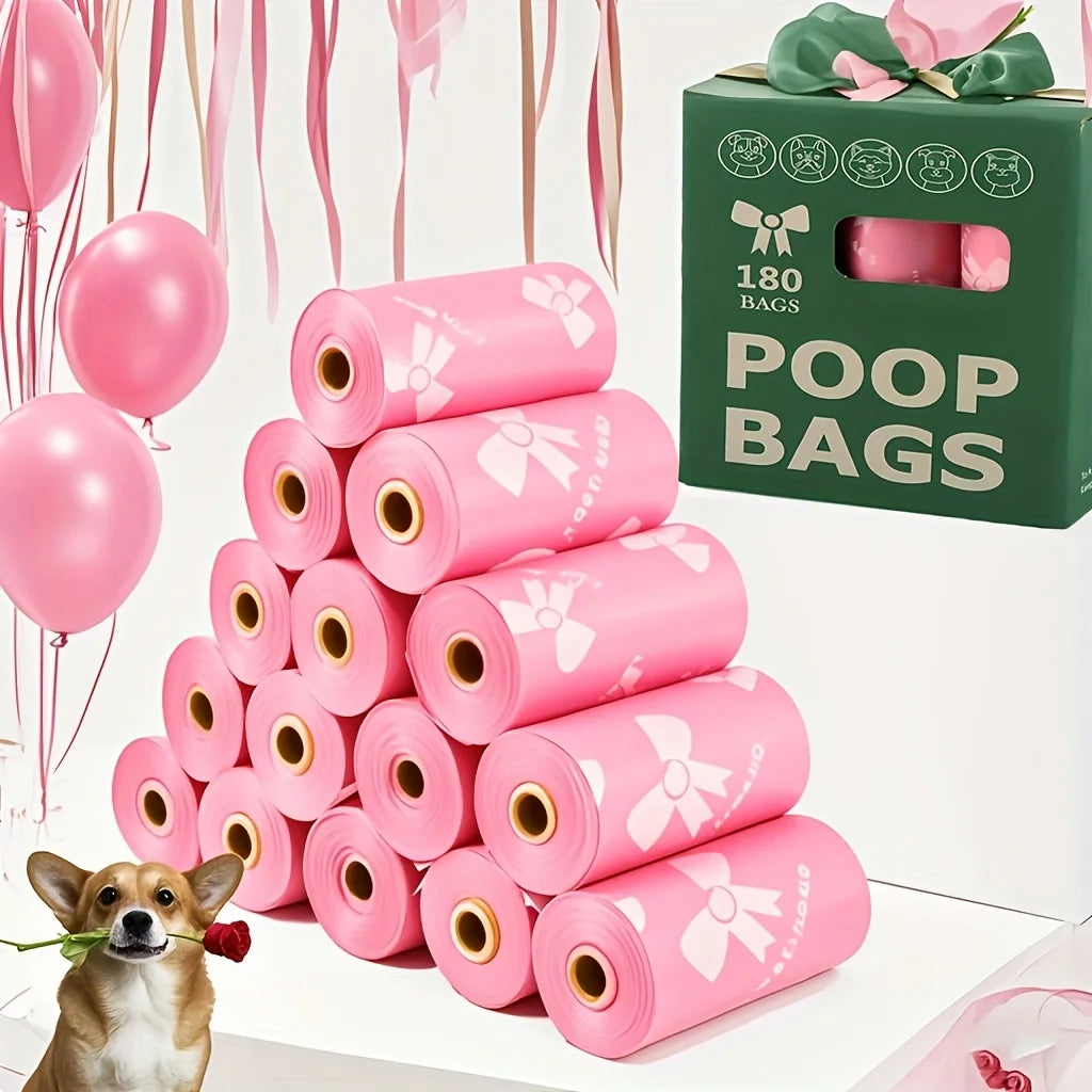A stack of 20 pink poop bags with a puppy crown pattern is shown next to a green box labeled poop bags.