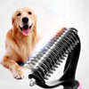 A golden retriever dog is shown next to a black stainless steel pet hair removal comb brush.