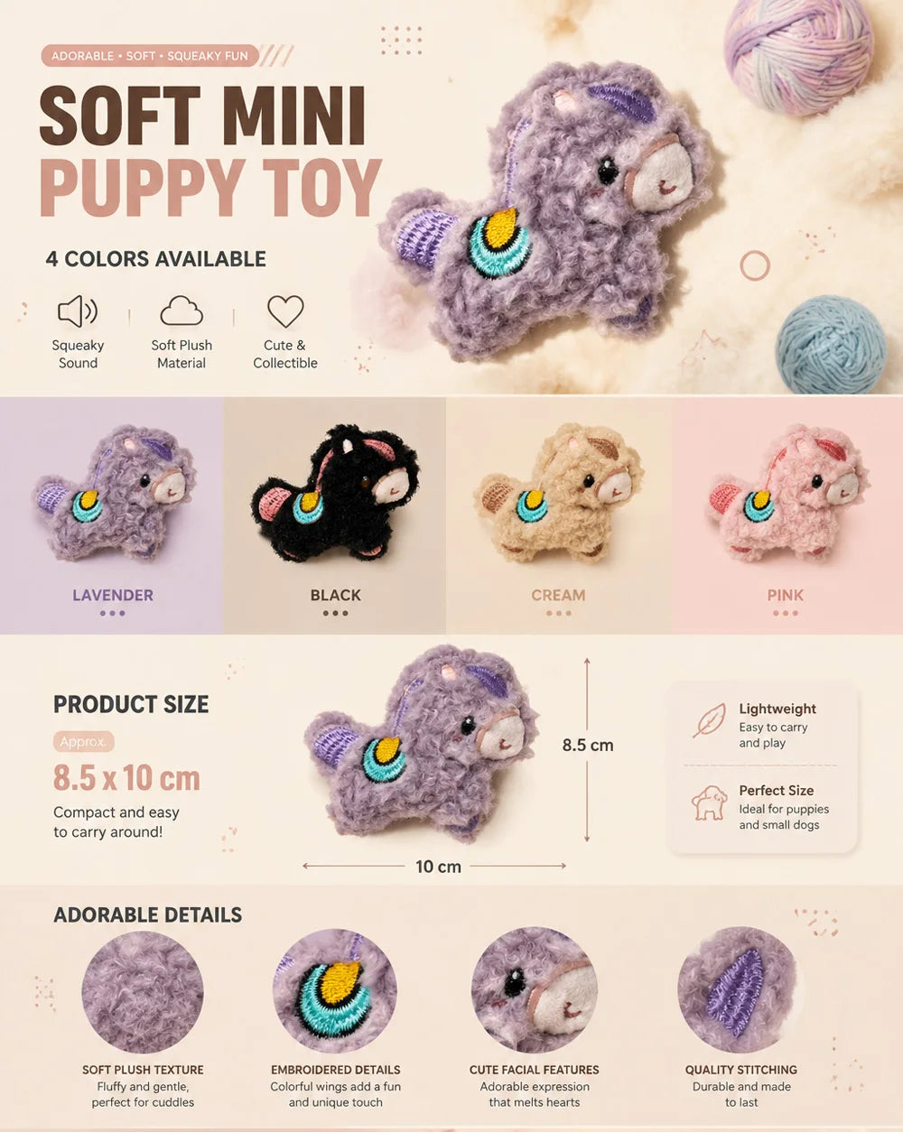 A soft mini puppy toy in lavender, black, cream, and pink colors shown with details of its texture and stitching.