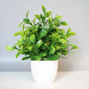 A vibrant green artificial bonsai plant in a white pot displayed on a light surface.