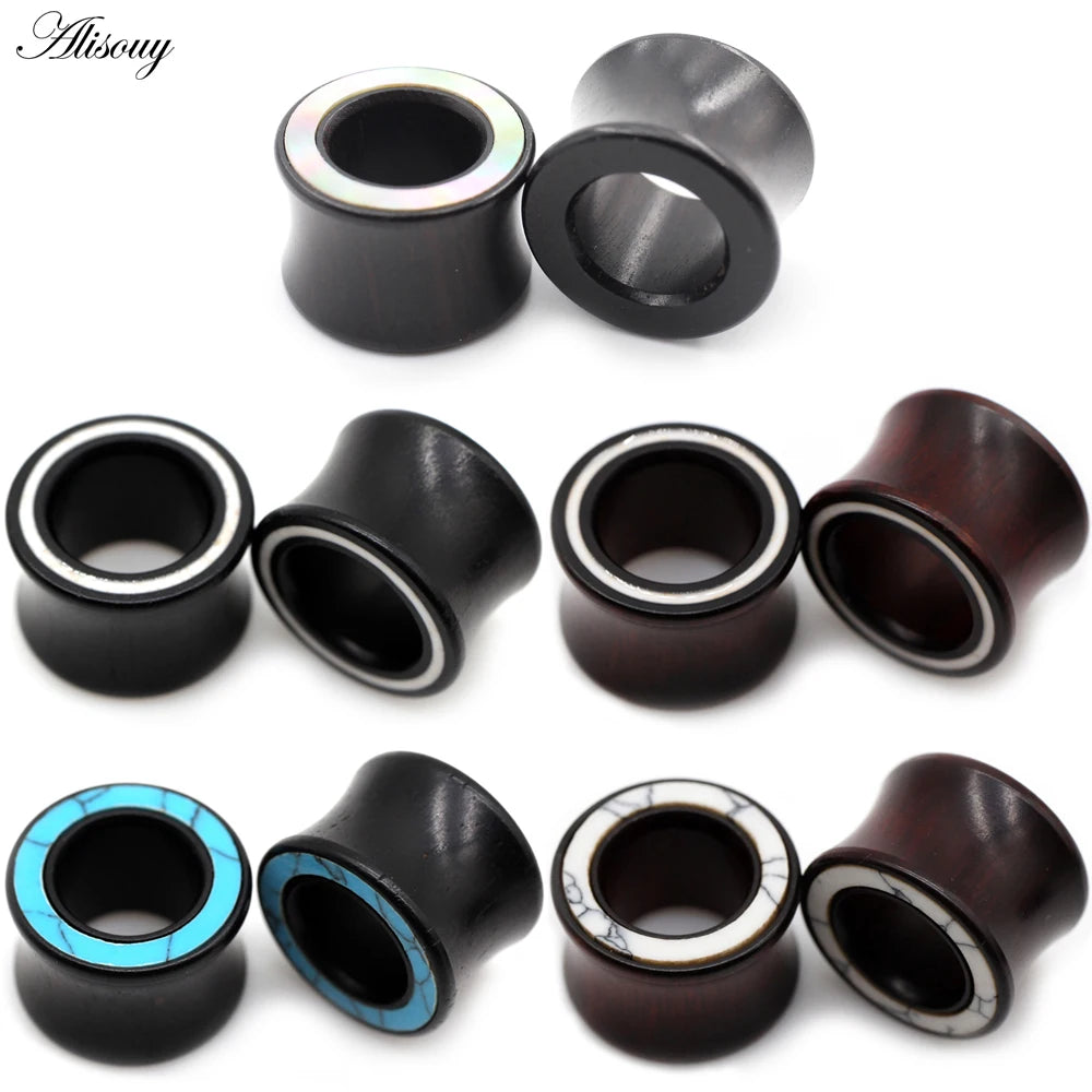 Handmade wood ear tunnels with blue stone inlay in various finishes.