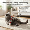 A gray cat is playing with a red felt chew stick on a light-colored rug.