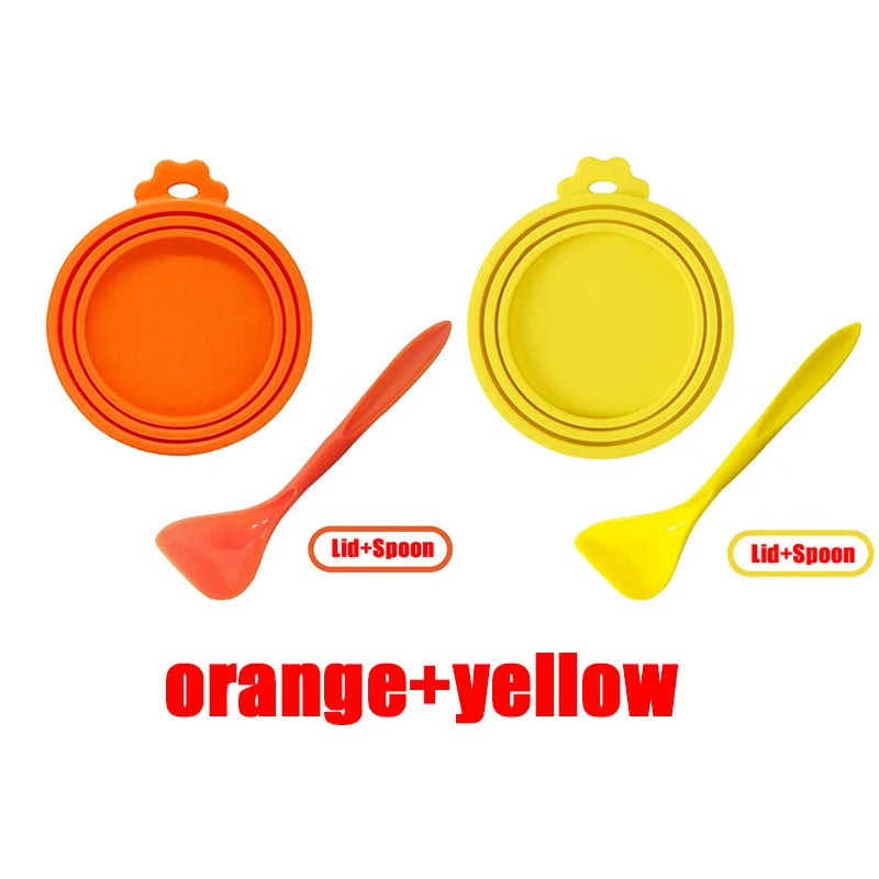 Orange and yellow reusable silicone pet food can lid and spoon set