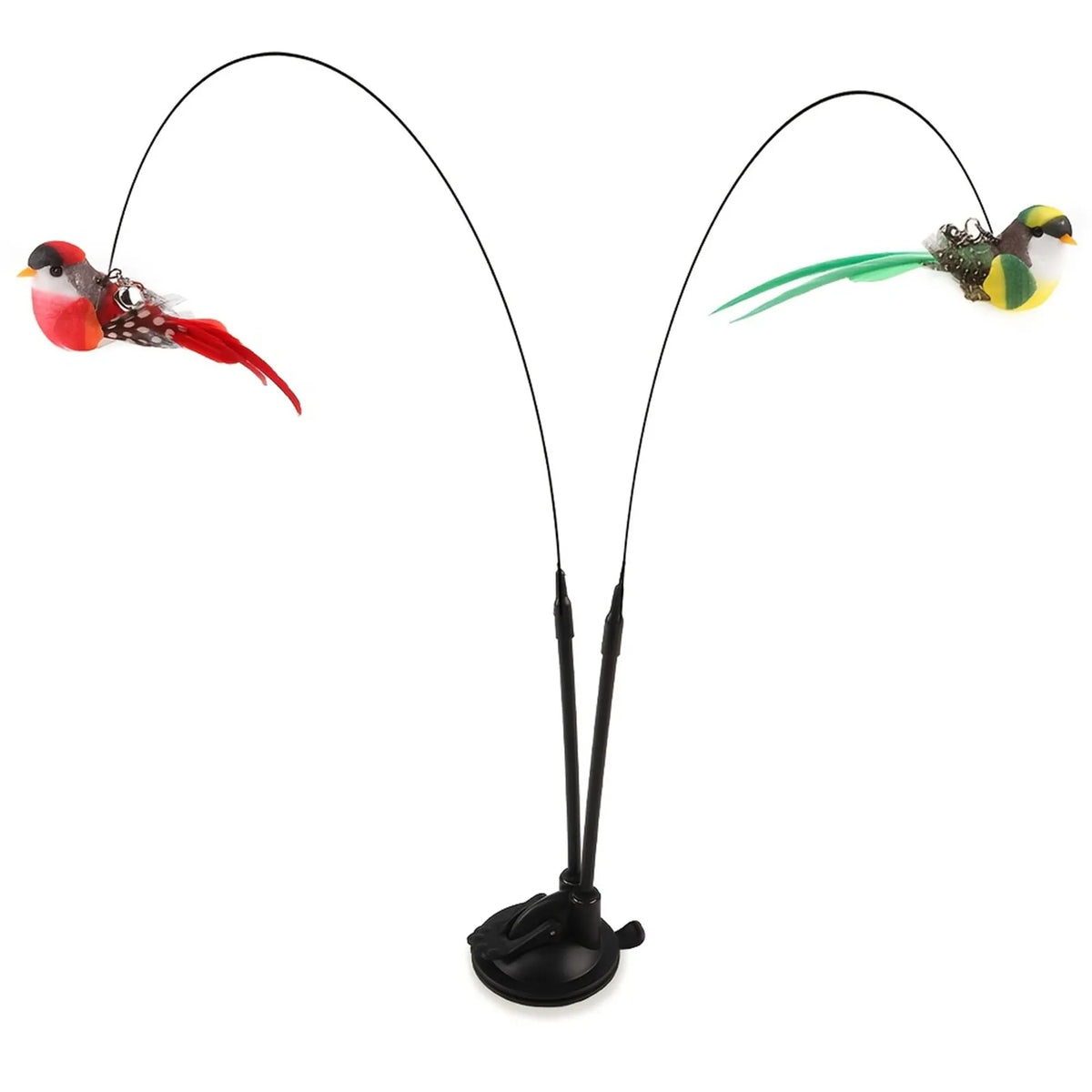 Canne à teasing interactive pour chat avec jouet en forme d'oiseau rouge et vert et base d'aspiration