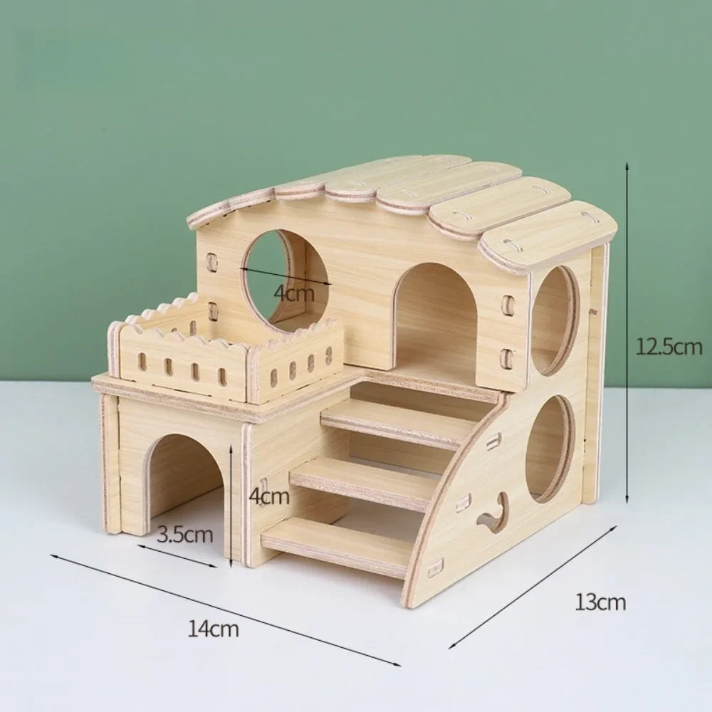 Natural Wooden Hamster Villa with Climbing Platform
