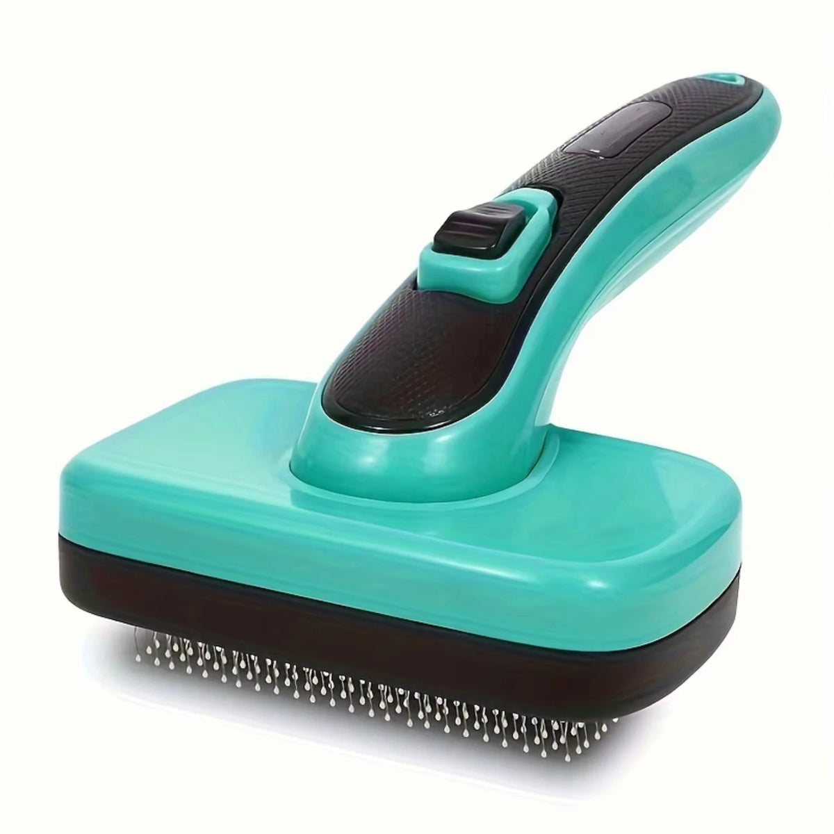 Brosse de toilettage auto-nettoyante bleu sarcelle et noir pour chiens et chats.