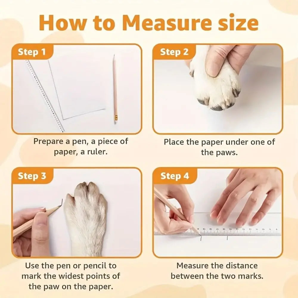 A four-step guide showing how to measure a pet's paw size using a pen or ruler on paper.