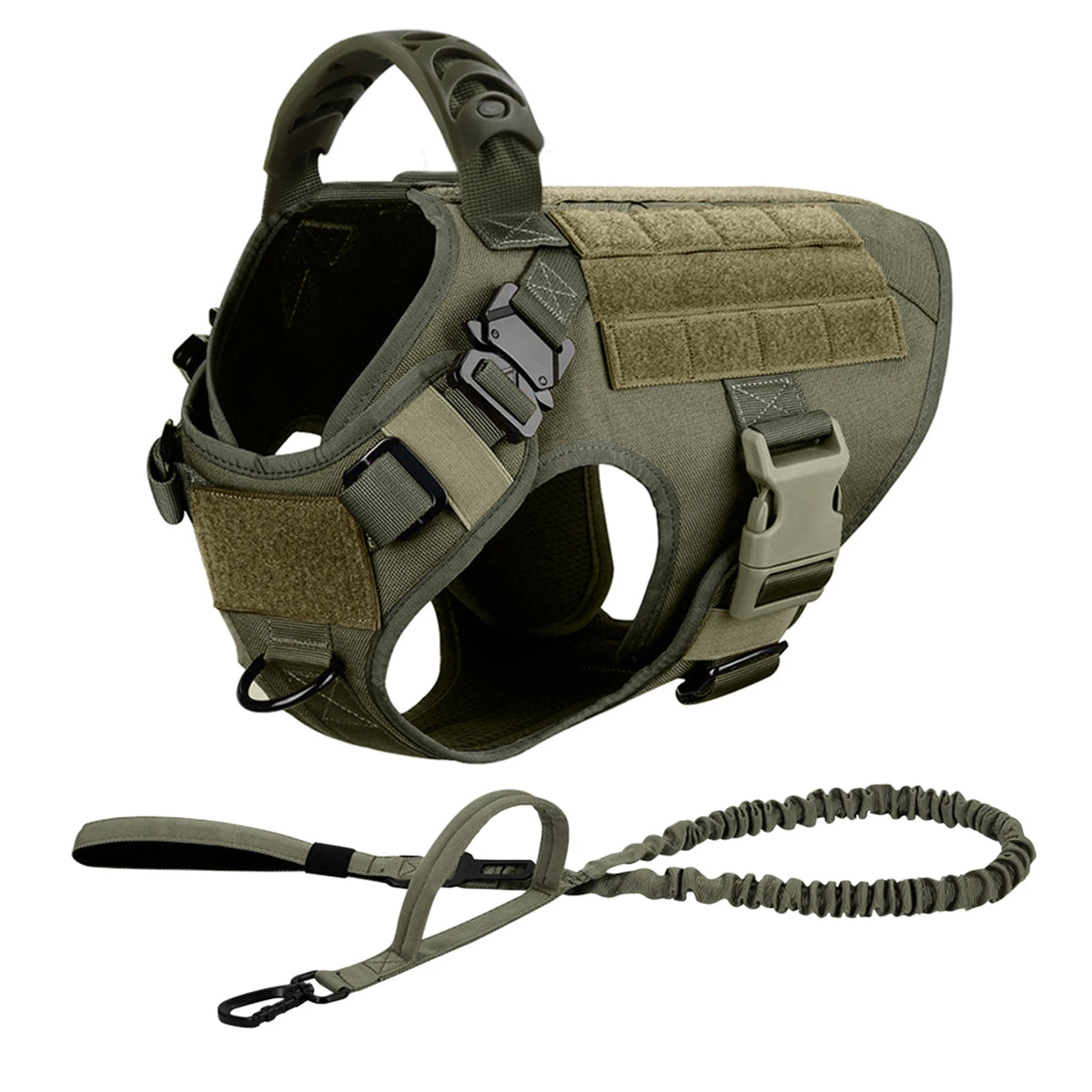 A tan dog harness with a padded chest and a matching leash set is shown against a white background.