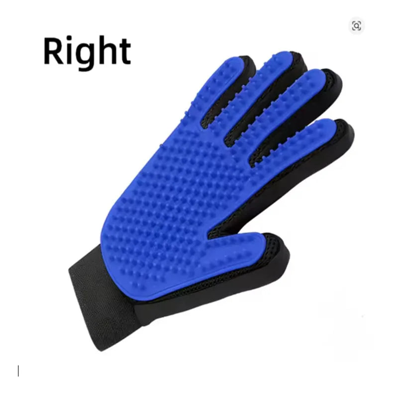 A right hand view of a blue silicone pet grooming glove with black accents.