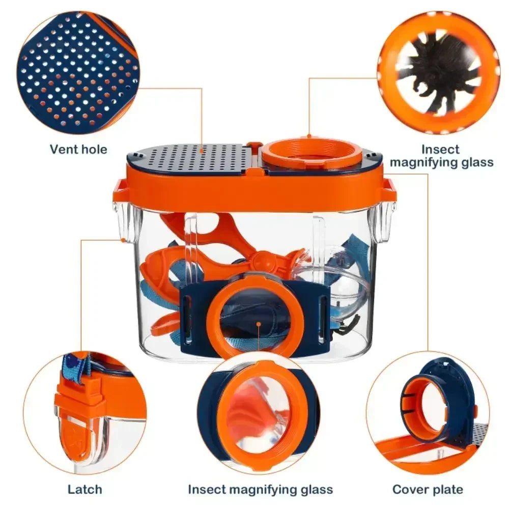 Caja de observación de insectos con orificio de ventilación, lupa y pestillo.