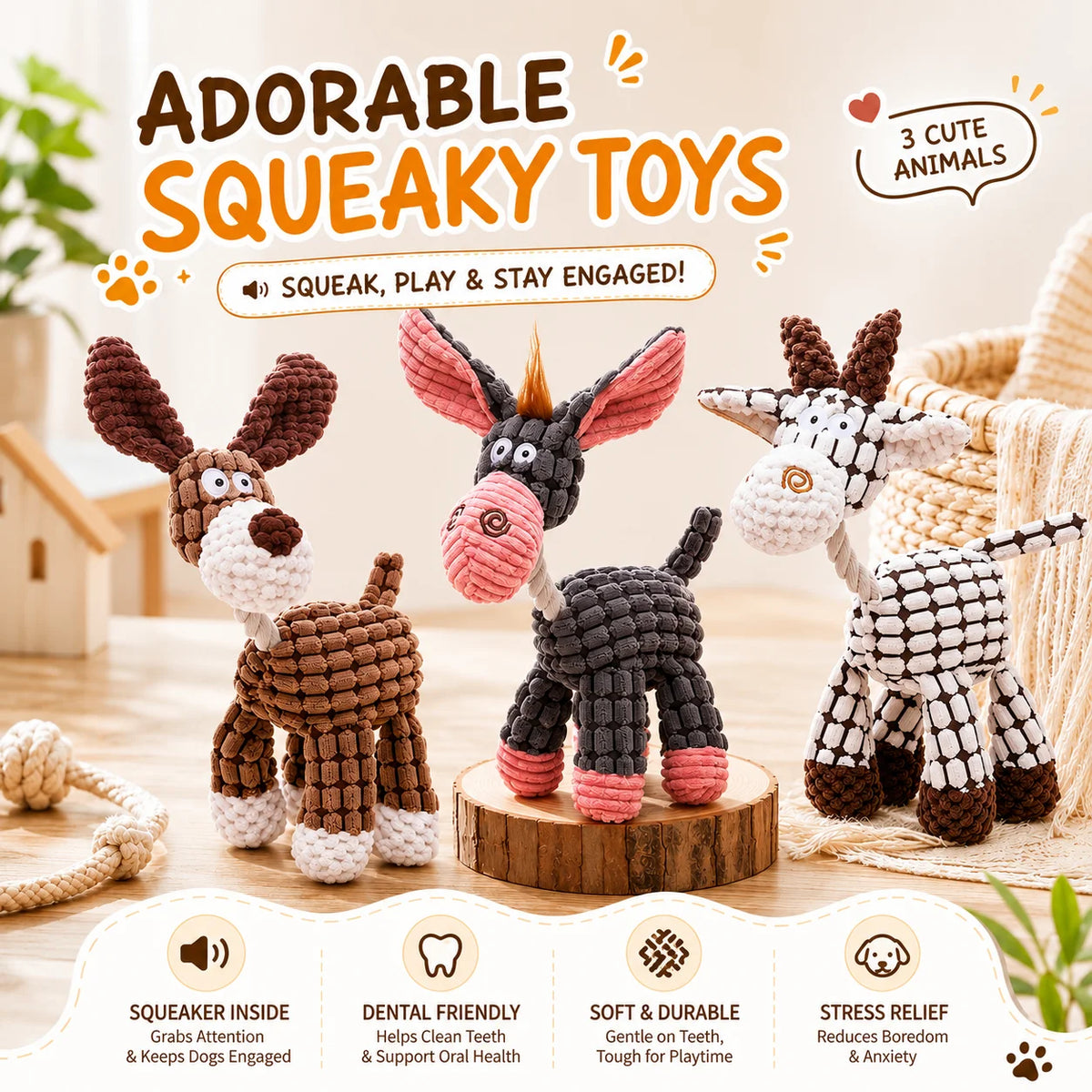 Plush Squeaky Dog Toy Set — 3-Pack for Small & Medium Breeds