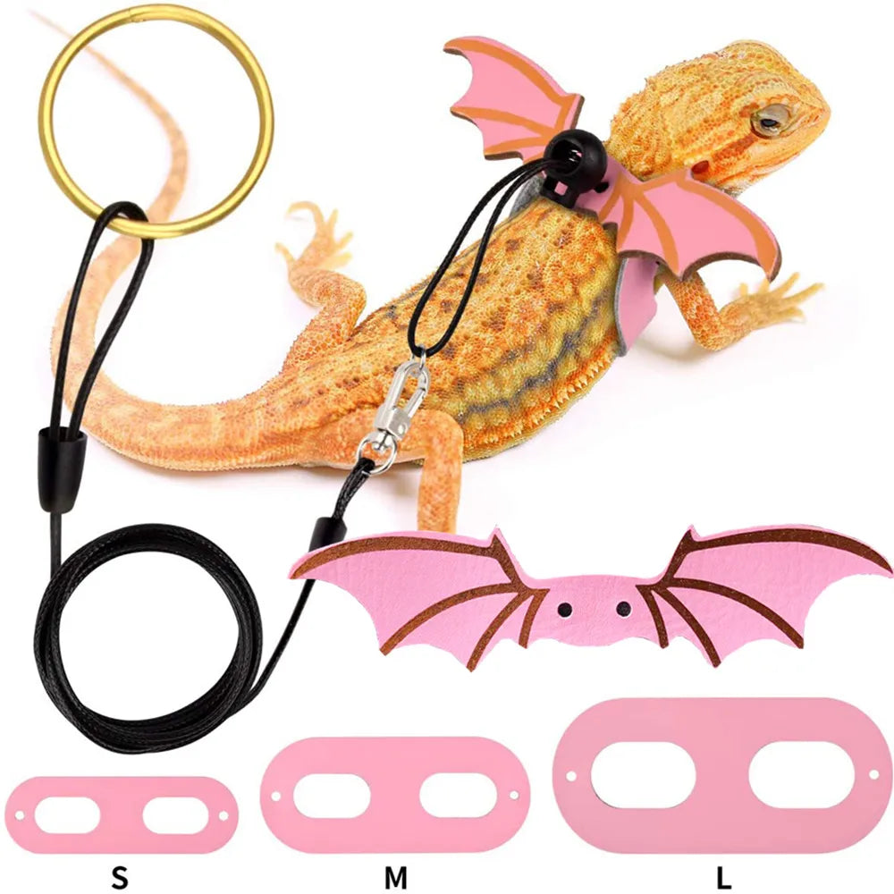 Adjustable bearded dragon harness with bat wings shown in various sizes S M L