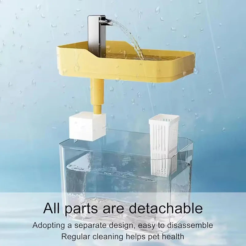 Yellow automatic cat water fountain with a white filter and clear water reservoir