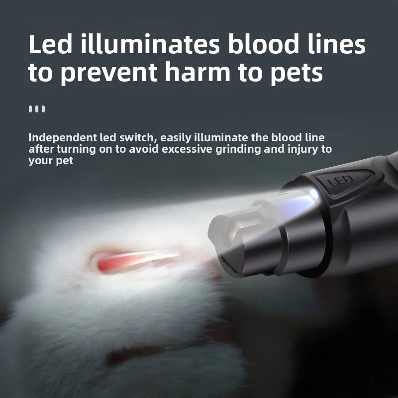 Gros plan d'un limage électrique pour griffes d'animal illuminant une ligne de sang sur la patte d'un animal.
