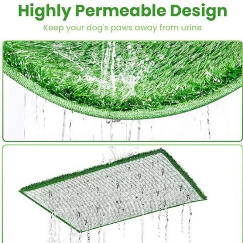A close-up view of a green washable artificial grass dog potty mat with quick-drain turf.
