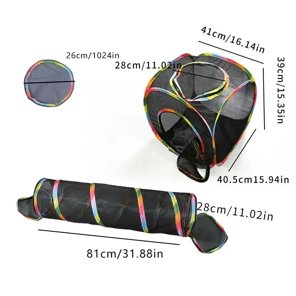 A foldable mesh cat play tunnel featuring a tent and cube, shown in various dimensions.