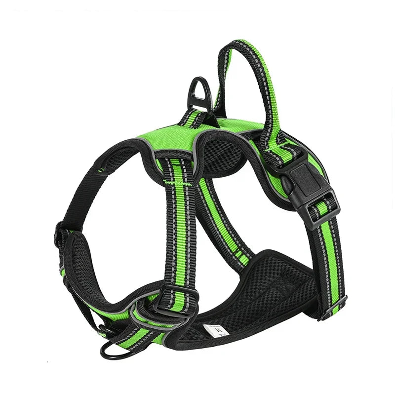 A bright lime green and black adjustable reflective dog harness vest for dogs.