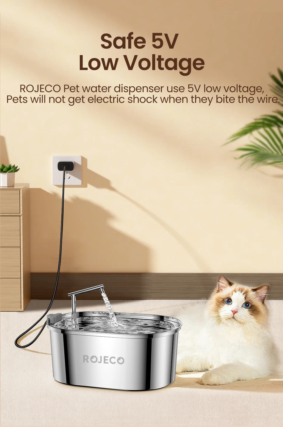 Edelstahl-automatische Haustier-Wasserdispensierer auf heller Oberfläche mit einer Katze
