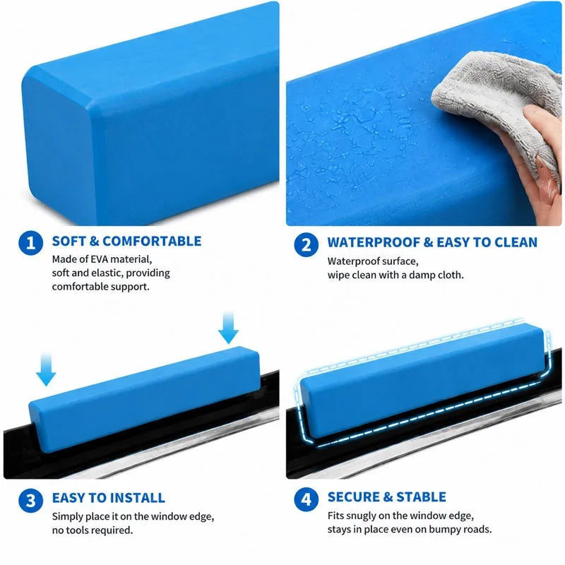A blue EVA foam cushion designed as a chin rest for dog car windows, showing its features and installation.