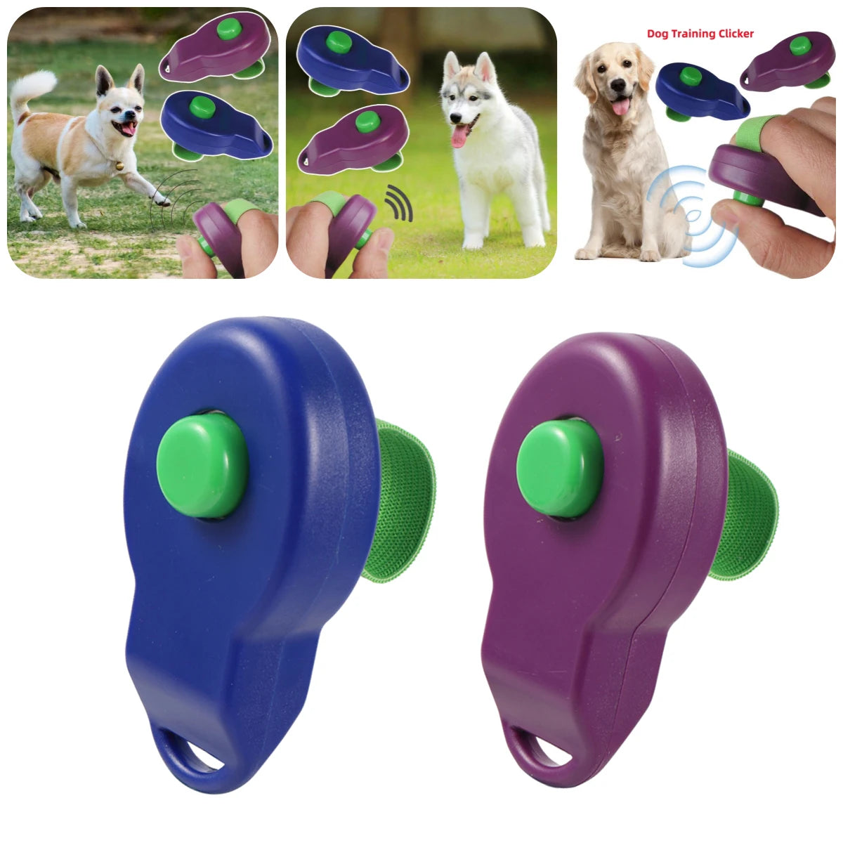 Purple and blue dog training clicker device shown with various usage examples and product views.