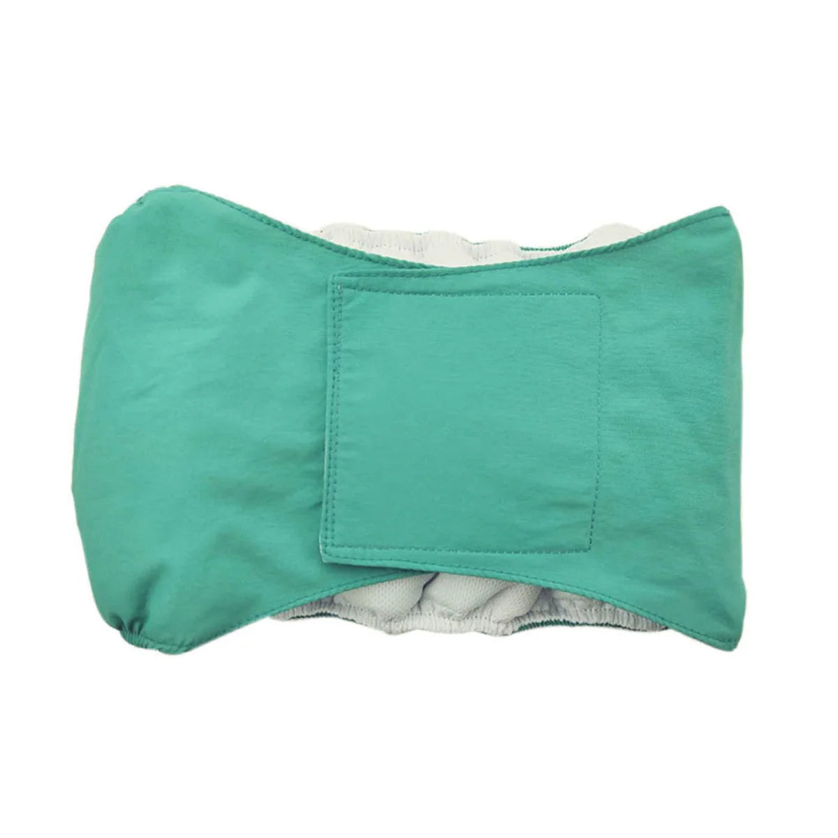A teal reusable cotton dog belly band with a square pocket and a white lining.
