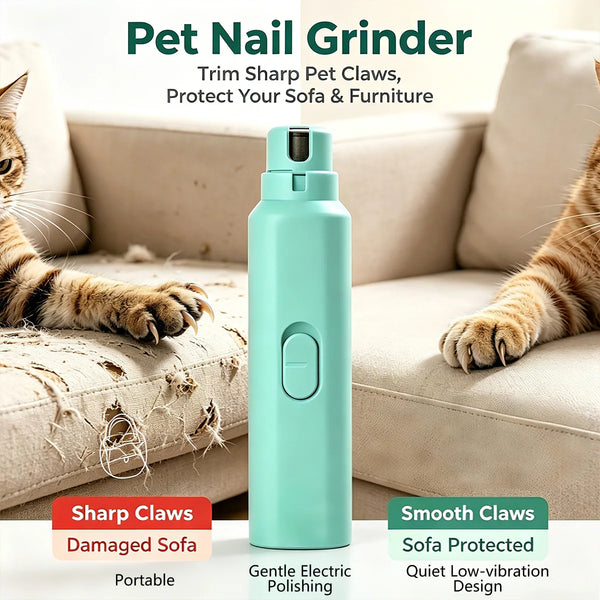 A teal electric pet nail grinder is shown next to a cat grooming its claws on a sofa.