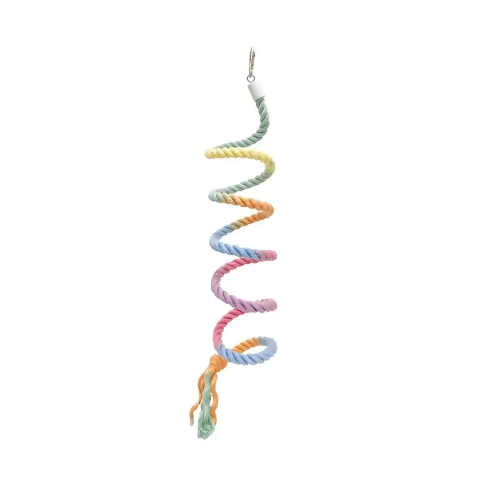 A coiled green cotton rope perch for small birds.