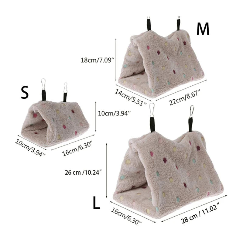 Three sizes of plush parrot hammock beds labeled S, M, and L showing different dimensions.