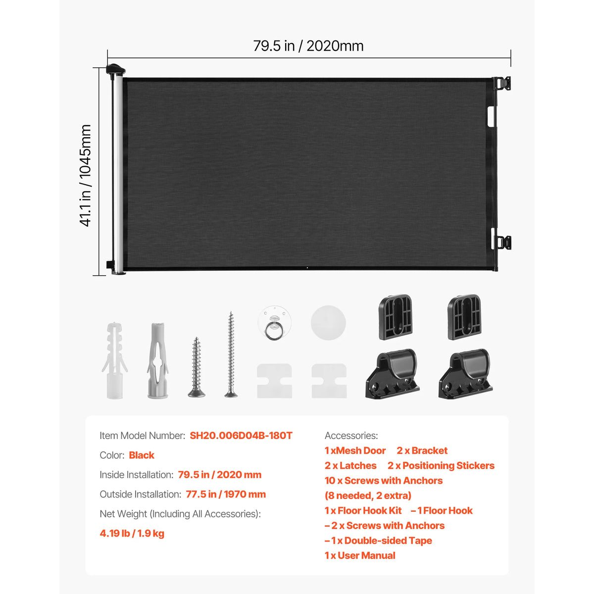A black retractable mesh safety gate measuring 79.5 inches wide and 41.1 inches high with various installation accessories.