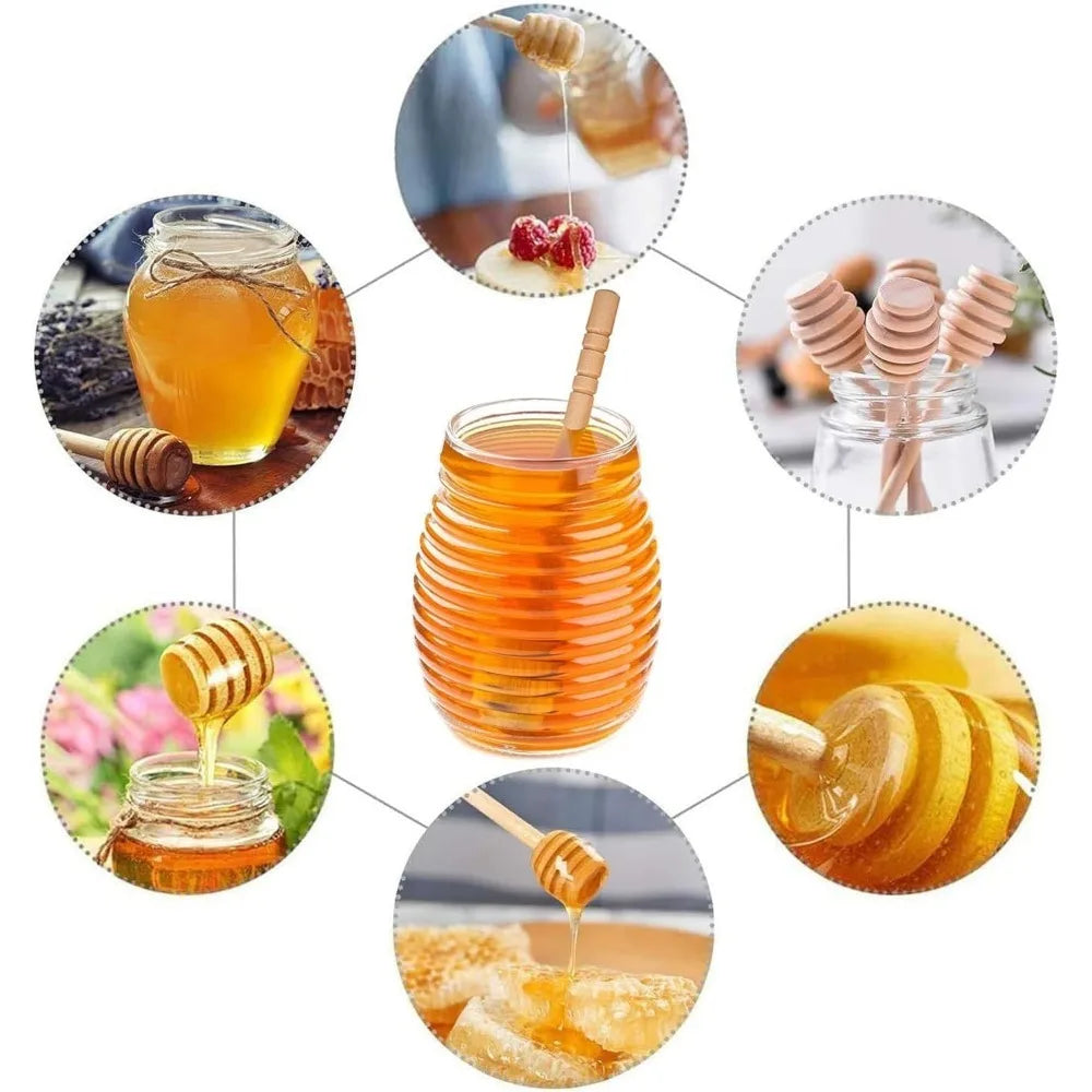 A set of eight wooden honey dipper stirring sticks used for serving honey.