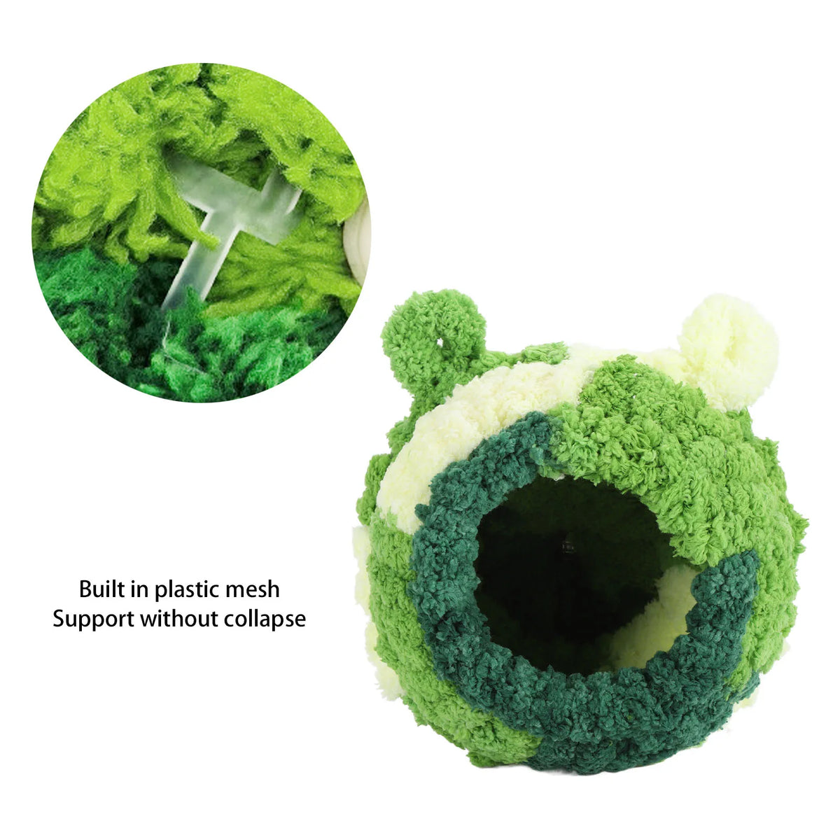A green and white felt bird nest with a plastic mesh support structure.