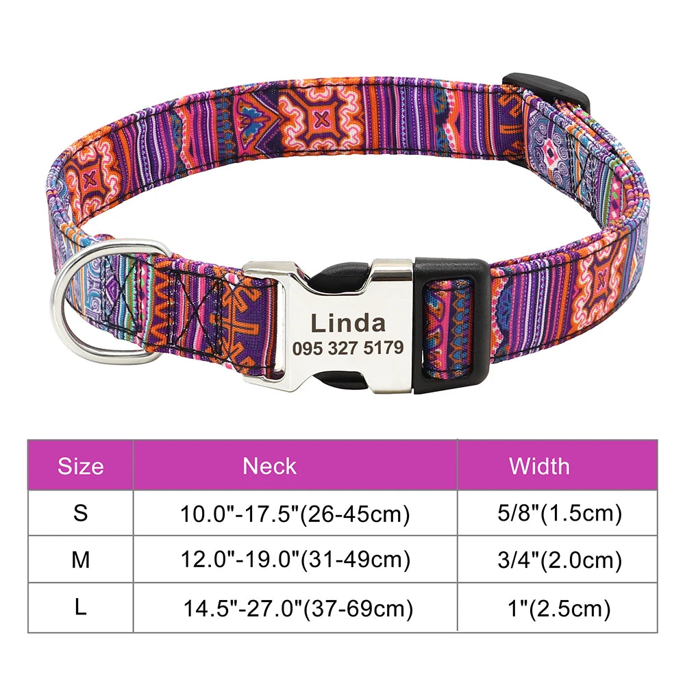 A personalized nylon dog collar with an engraved metal ID plate and patterned fabric strap.