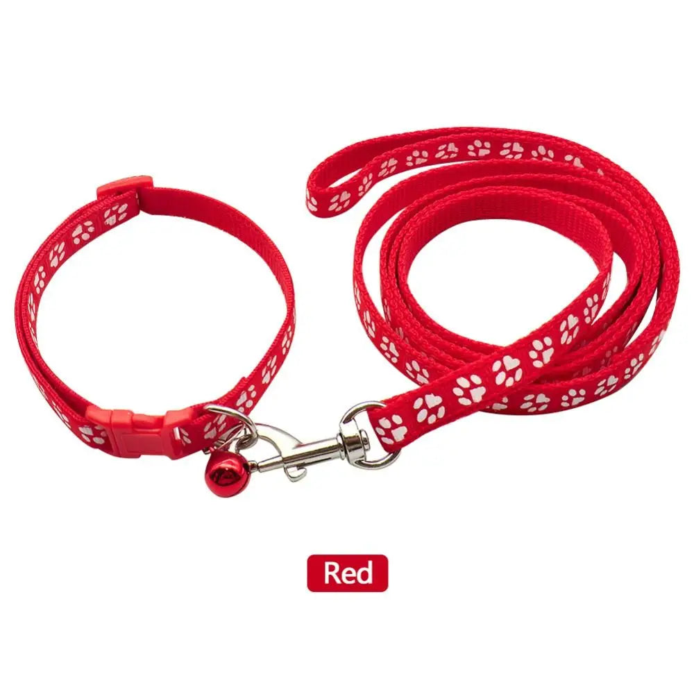 Red breathable pet walking lead with an adjustable collar featuring a paw print pattern.