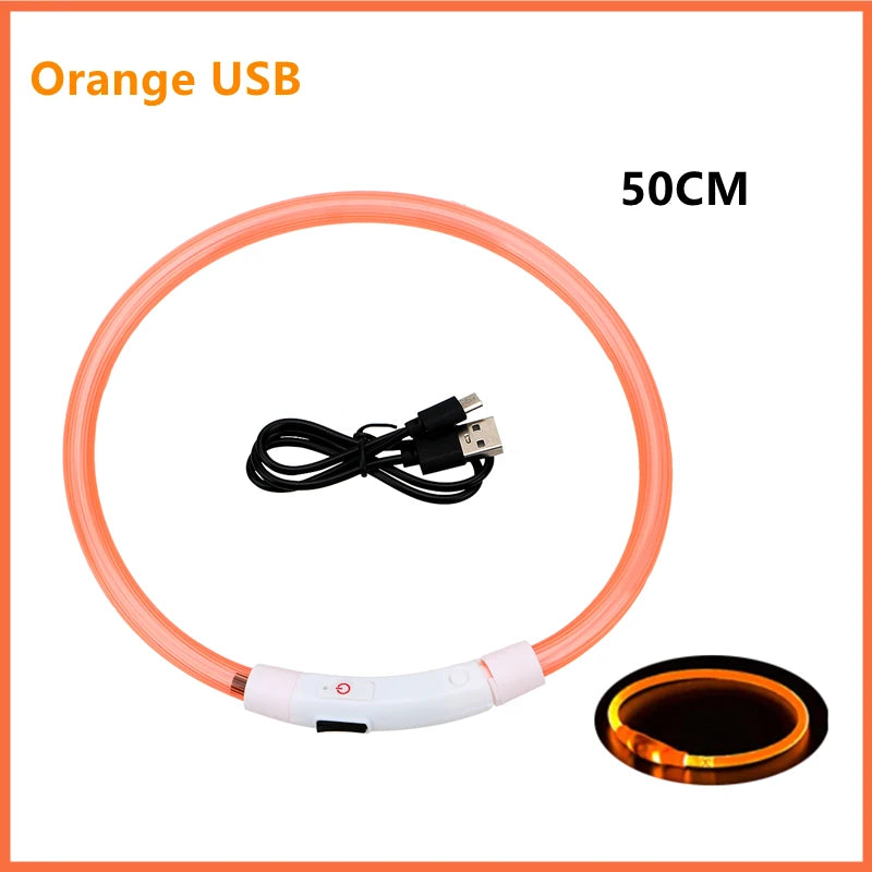 Orange USB light collar with a 50cm flexible wire and a circular light element.