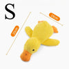 A yellow plush duck dog chew toy, approximately 19cm long, shown next to measurement lines.