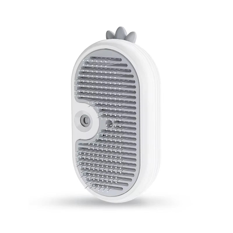 A white steam spray pet grooming brush with a textured head is shown against a white background.