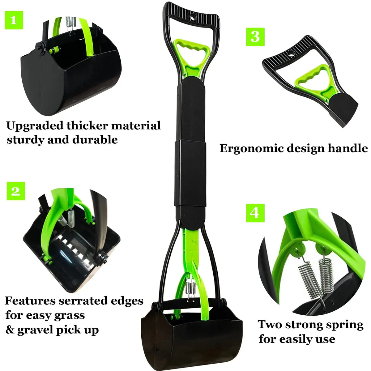 A black and lime green foldable pet poop scooper with an ergonomic handle and serrated edges for easy cleanup.