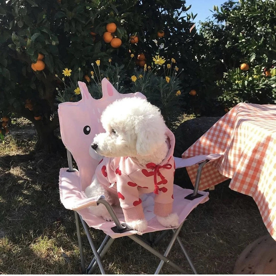 Ein flauschiger weißer Hund mit einem rosa Herzmuster-Teddy-Hoodie sitzt auf einem Metallstuhl im Freien.